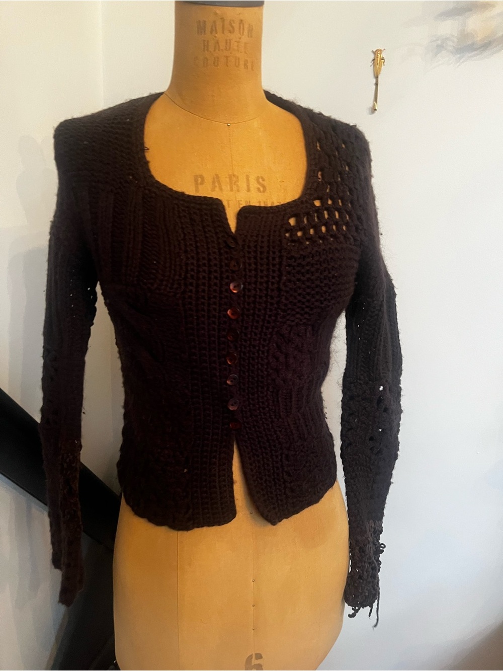 Max Studio Black Crochet Button-Down Cardigan